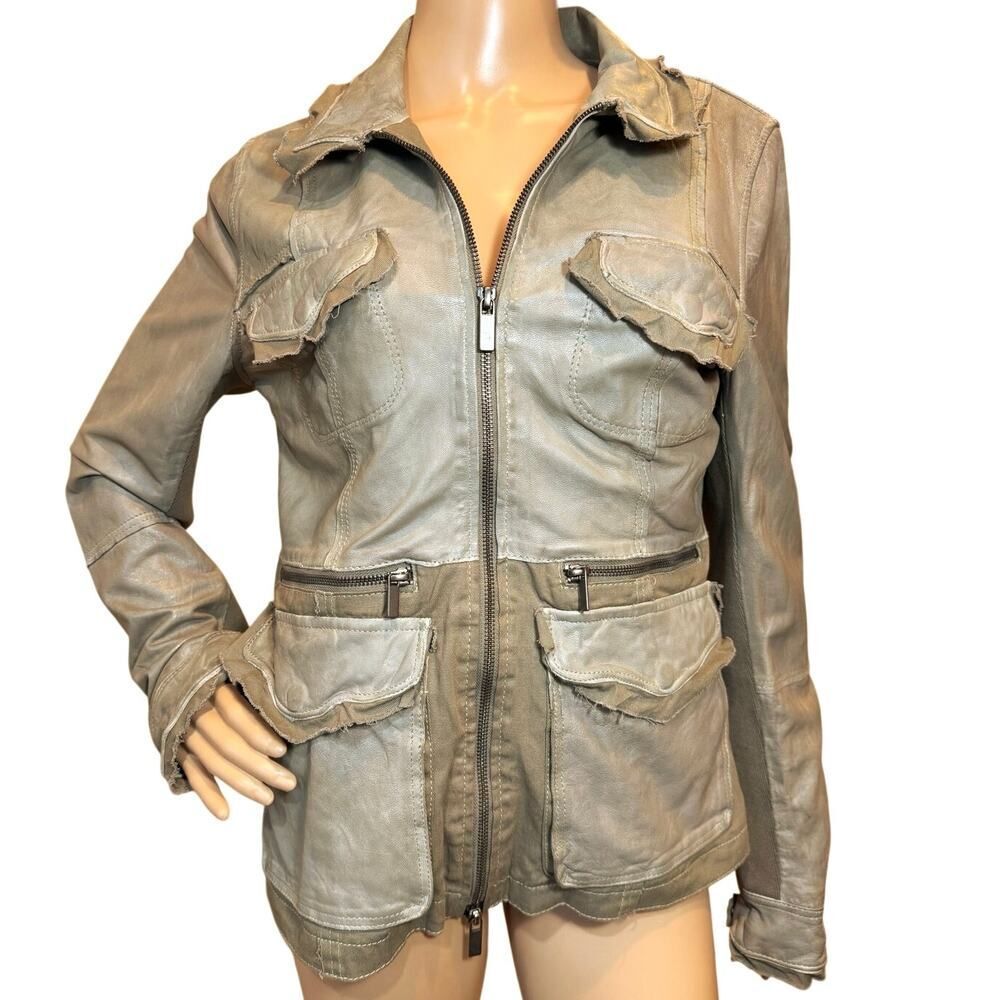 Scully Lambskin Genuine Leather Sage Canvas Distressed Field Jacket SZ Medium